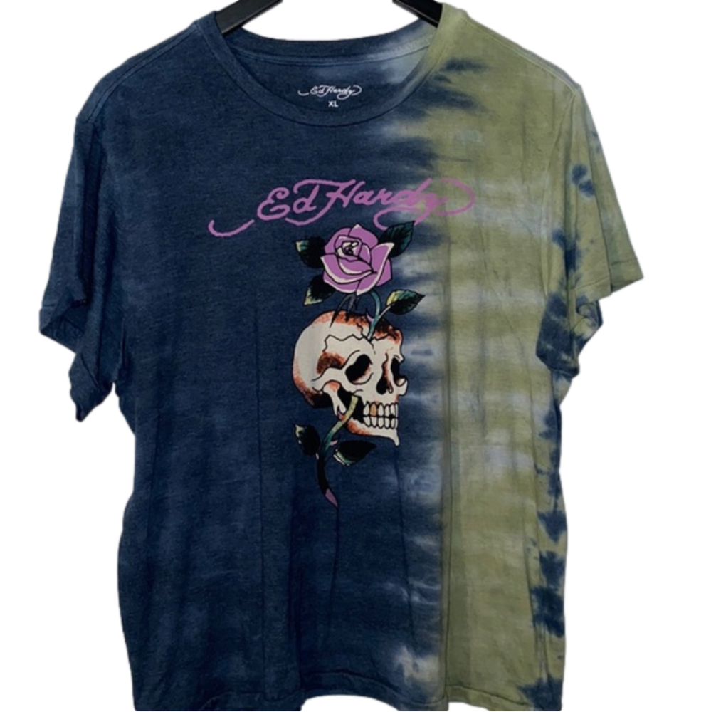 Ed Hardy Blue and Olive Tie-Dye Skull Tee